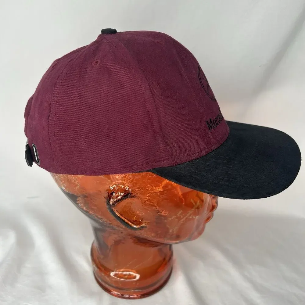 Vintage Mercedes Benz Strap Back Hat Maroon Black Leather Strap Made In USA